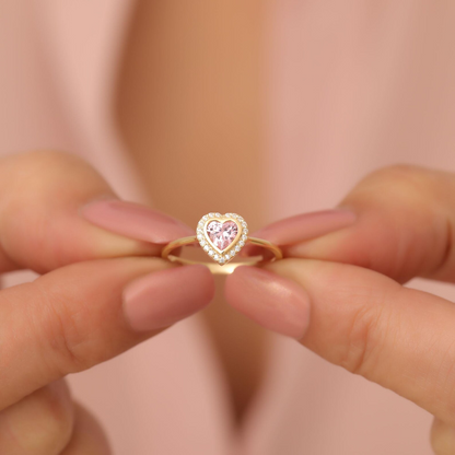 Pink Tourmaline Bezel Heart Ring with Real Diamonds in 8K/10K/14K Solid Gold | October Birthstone Jewelry