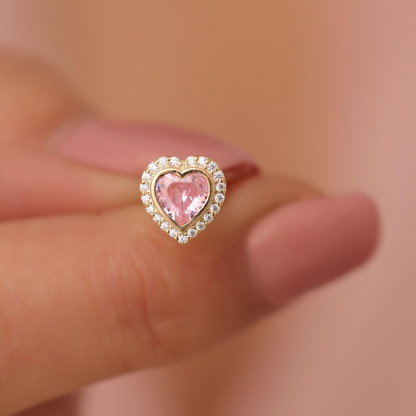 Pink Tourmaline Bezel Heart Stud Earrings with Real Diamonds in 10K/14K Solid Gold | October Birthstone Jewelry