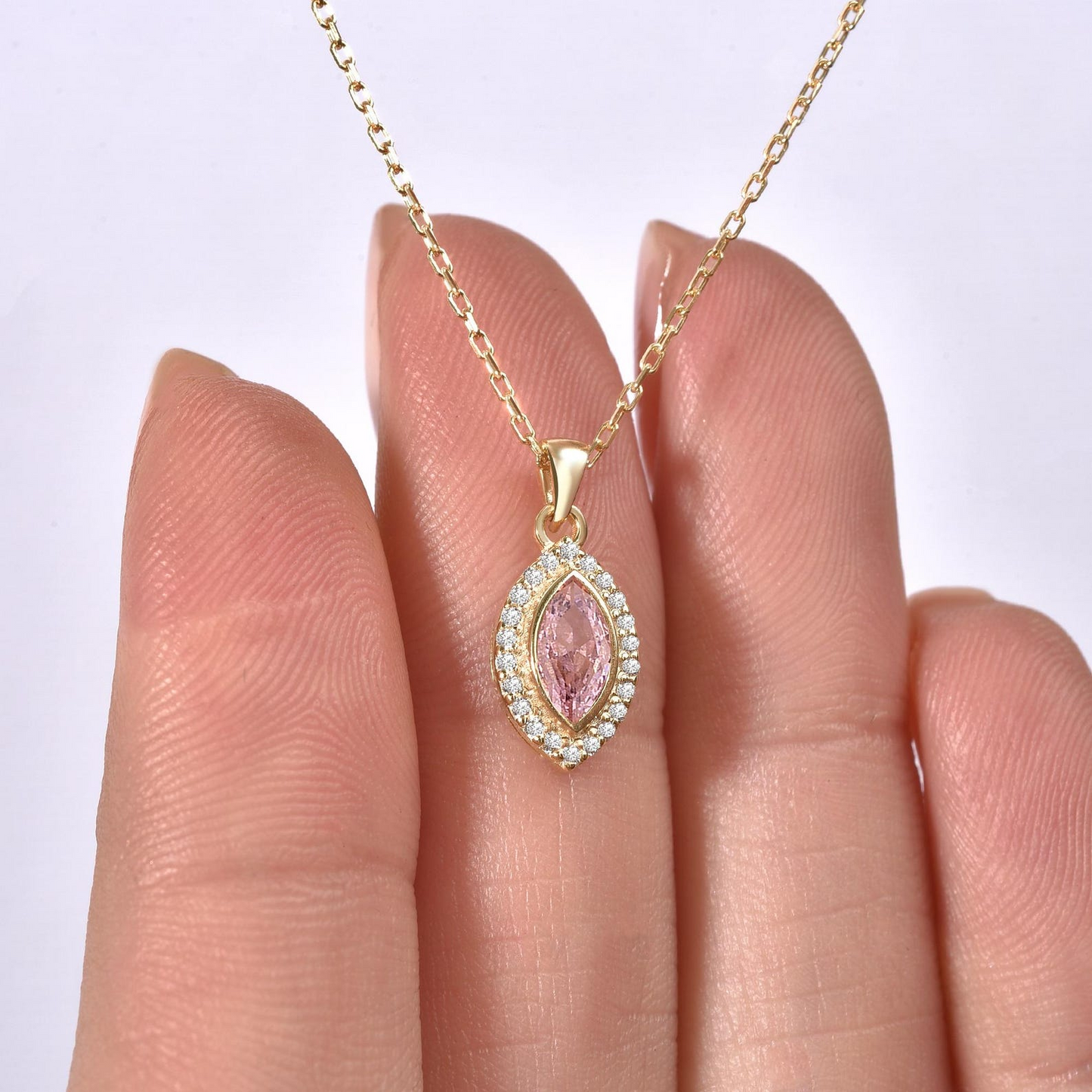 Pink Tourmaline Bezel Marquise Necklace with Real Diamonds in 8K/10K/14K Solid Gold | October Birthstone Jewelry