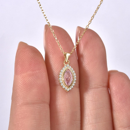 Pink Tourmaline Bezel Marquise Necklace with Real Diamonds in 8K/10K/14K Solid Gold | October Birthstone Jewelry