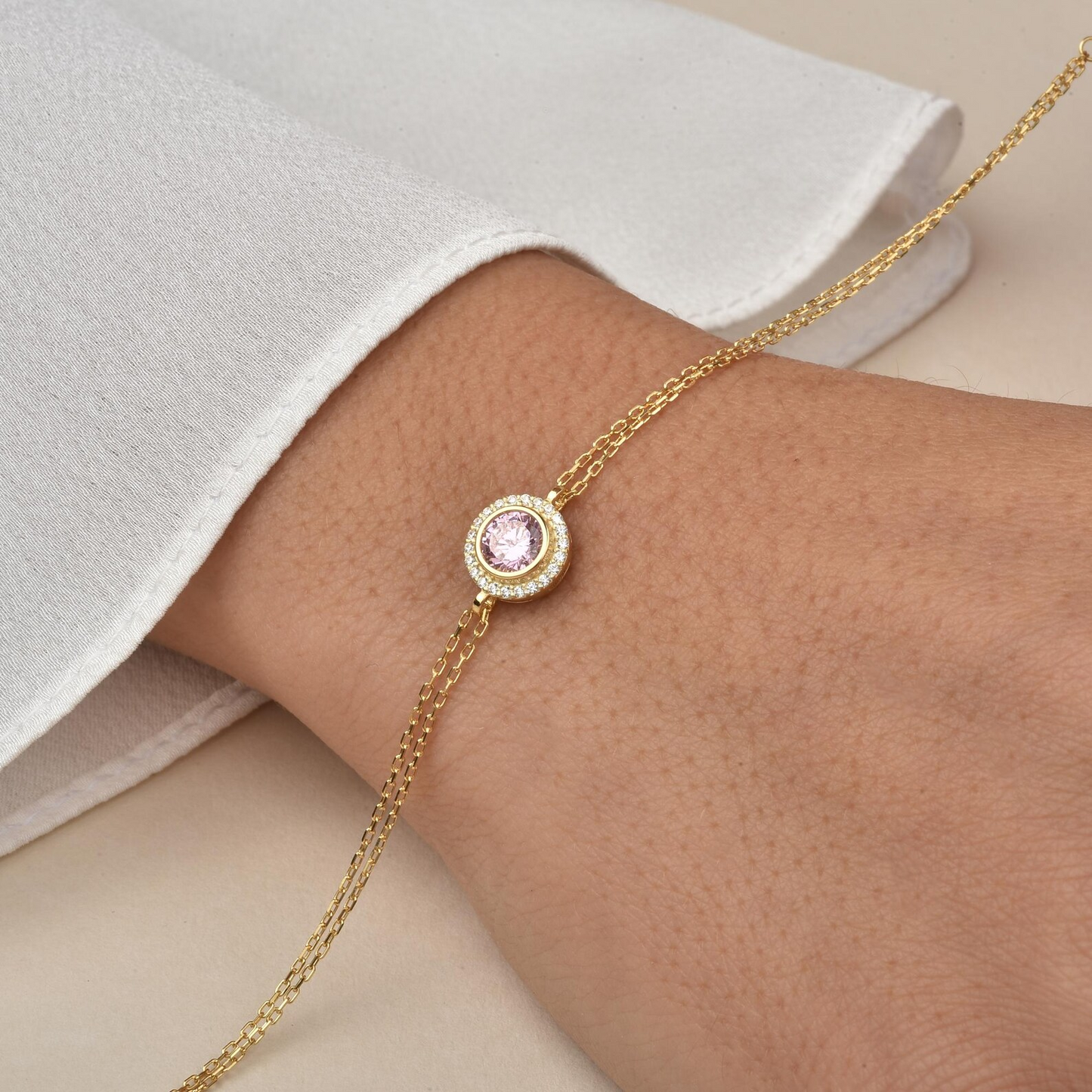 Pink Tourmaline Round Bezel Bracelet in 8K/10K/14K Solid Gold with Real Diamonds, October Birthstone Jewelry