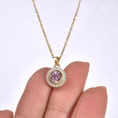 Pink Tourmaline Round Bezel Necklace in 8K/10K/14K Solid Gold with Real Diamonds, October Birthstone Jewelry