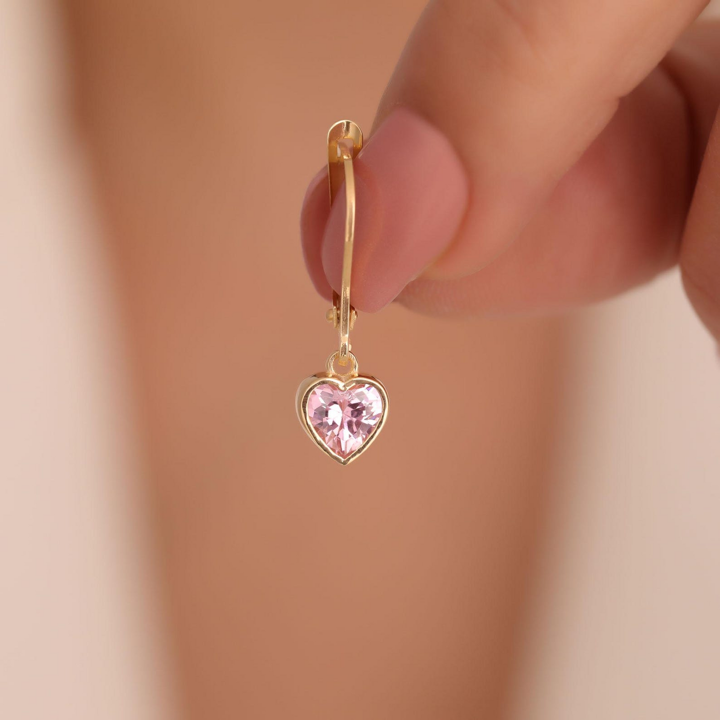 Pink Tourmaline Heart Cut Bezel Dangle Earrings 14K Solid Gold, October Birthstone Jewelry