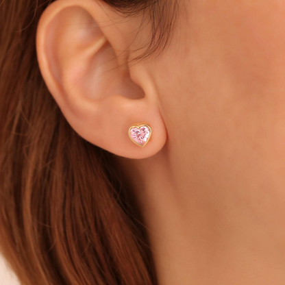 Pink Tourmaline Heart Bezel Cut Stud Earrings 10K/14K Solid Gold, October Birthstone Jewelry
