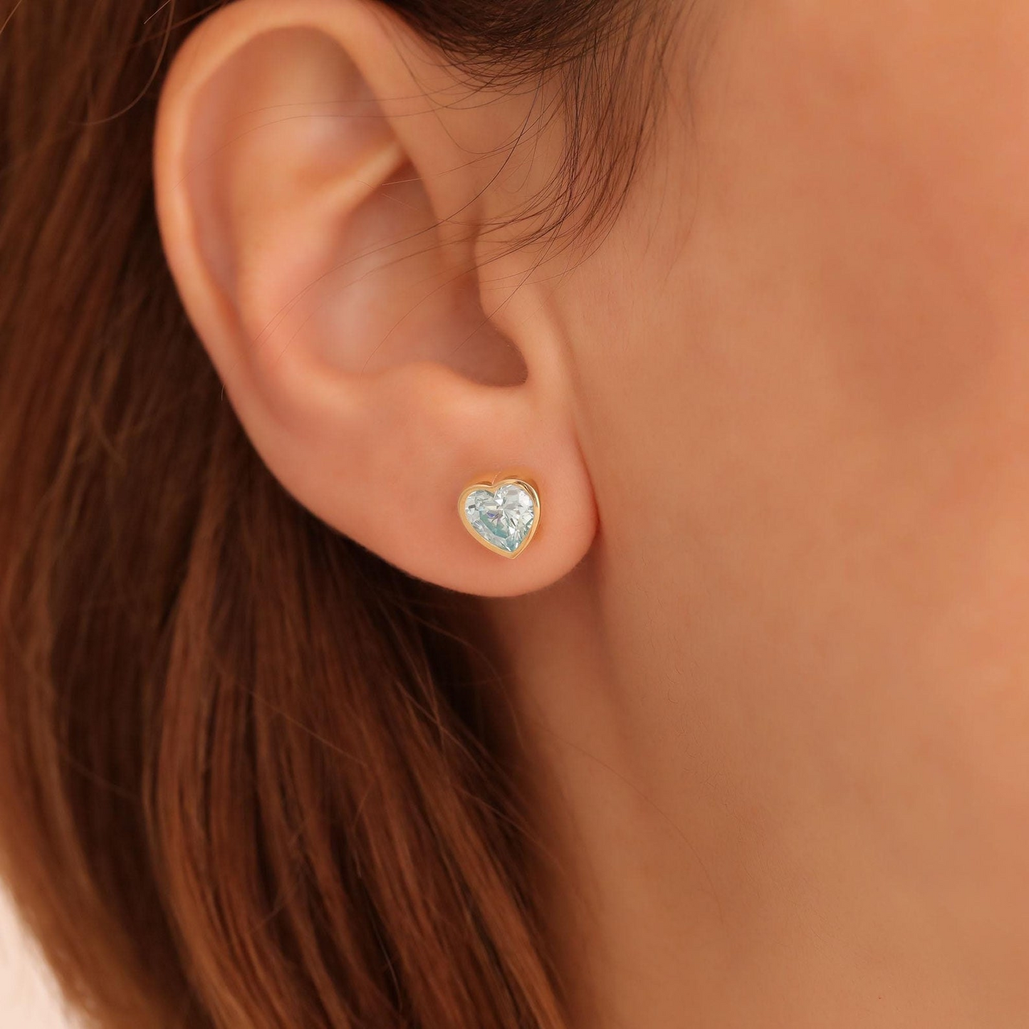Aquamarine Bezel Heart Stud Earrings 10K/14K Solid Gold, March Birthstone Jewelry