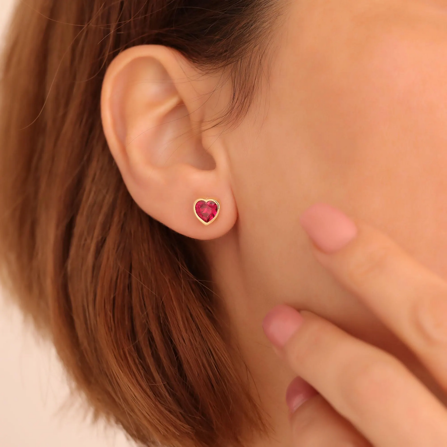 Ruby Heart Bezel Stud Earrings 10K/14K Solid Gold, July Birthstone Jewelry