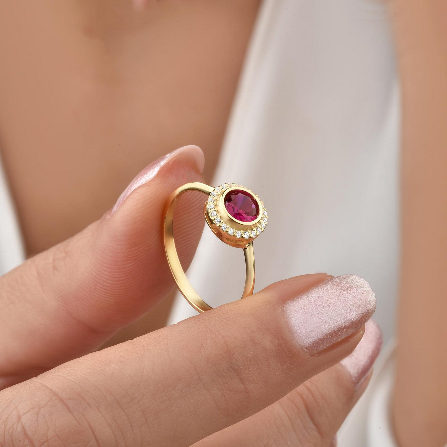 Ruby Round Bezel Ring in 8K/10K/14K Solid Gold with Real Diamonds, July Birthstone Jewelry