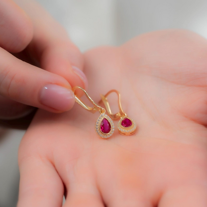 Ruby Bezel Drop Dangle Earrings with Real Diamonds in 8K/10K/14K Solid Gold | July Birthstone Jewelry