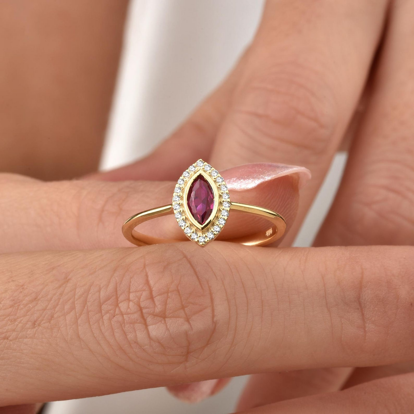 Ruby Bezel Marquise Ring with Real Diamonds in 8K/10K/14K Solid Gold | July Birthstone Jewelry