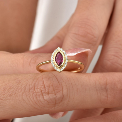 Ruby Bezel Marquise Ring with Real Diamonds in 8K/10K/14K Solid Gold | July Birthstone Jewelry
