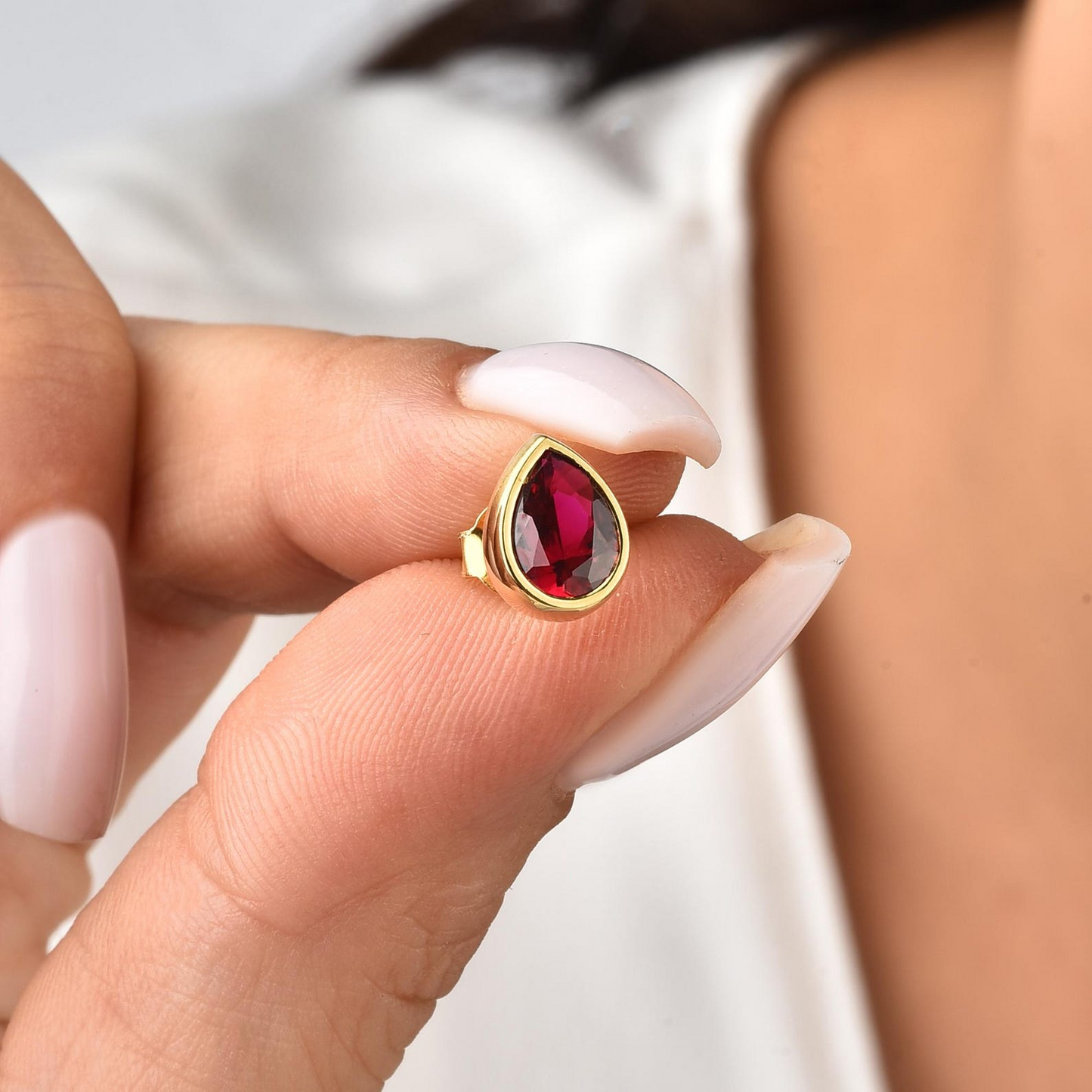 Ruby Drop Bezel Stud Earrings in 10K/14K Solid Gold, July Birthstone Jewelry
