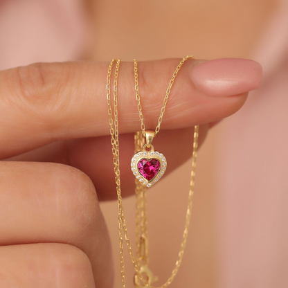 Ruby Bezel Heart Necklace with Real Diamonds in 8K/10K/14K Solid Gold | July Birthstone Jewelry