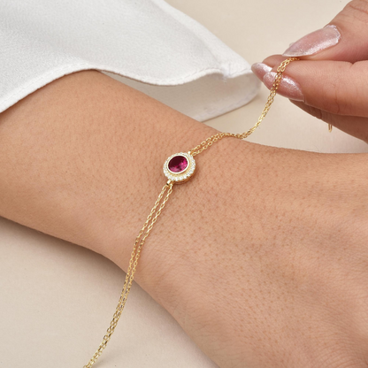 Ruby Round Bezel Bracelet in 8K/10K/14K Solid Gold with Real Diamonds, July Birthstone Jewelry