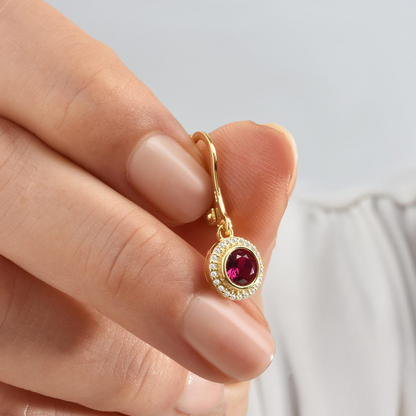 Ruby Round Bezel Dangle Earrings in 8K/10K/14K Solid Gold with Real Diamonds, July Birthstone Jewelry