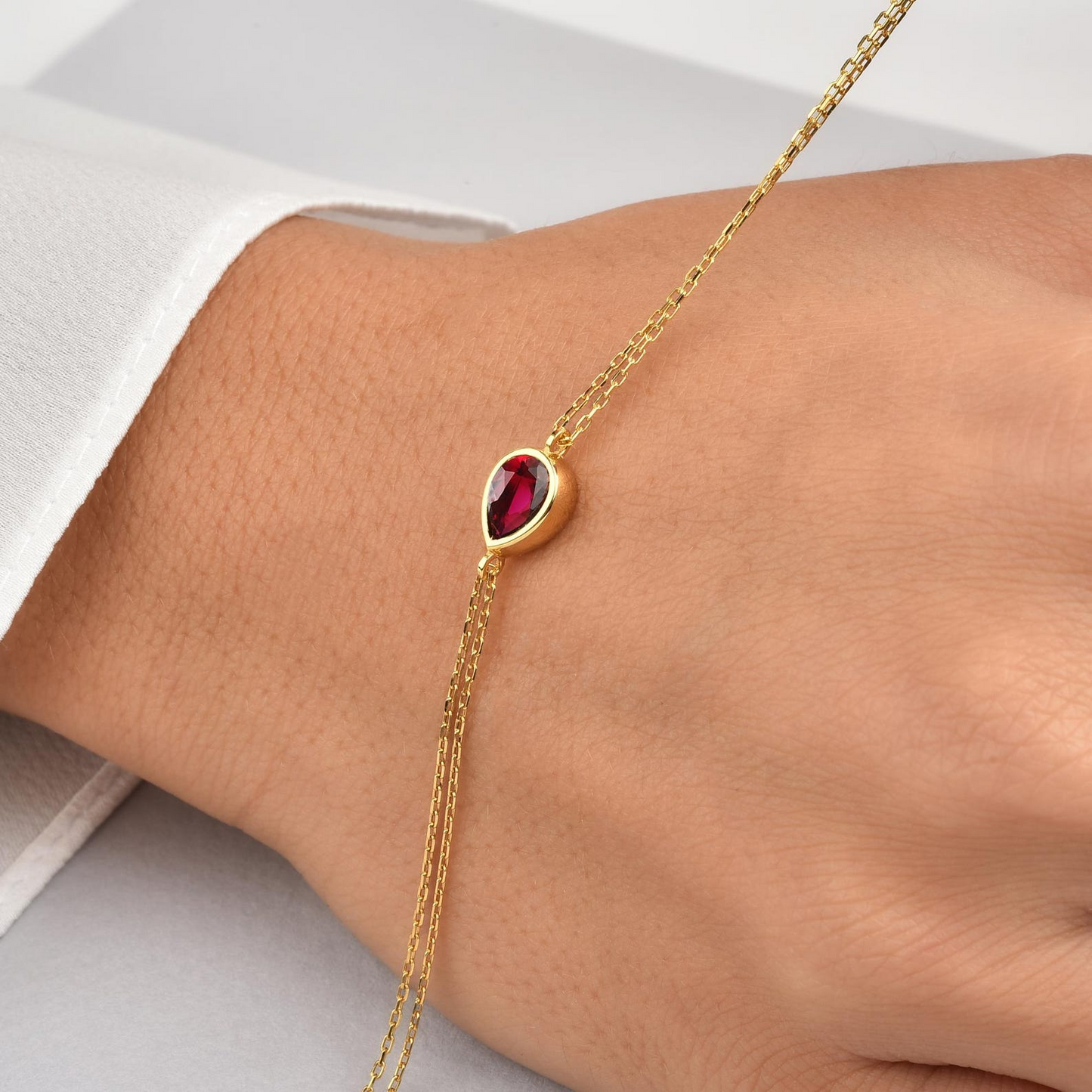 Ruby Drop Bezel Bracelet in 10K/14K Solid Gold, July Birthstone Jewelry