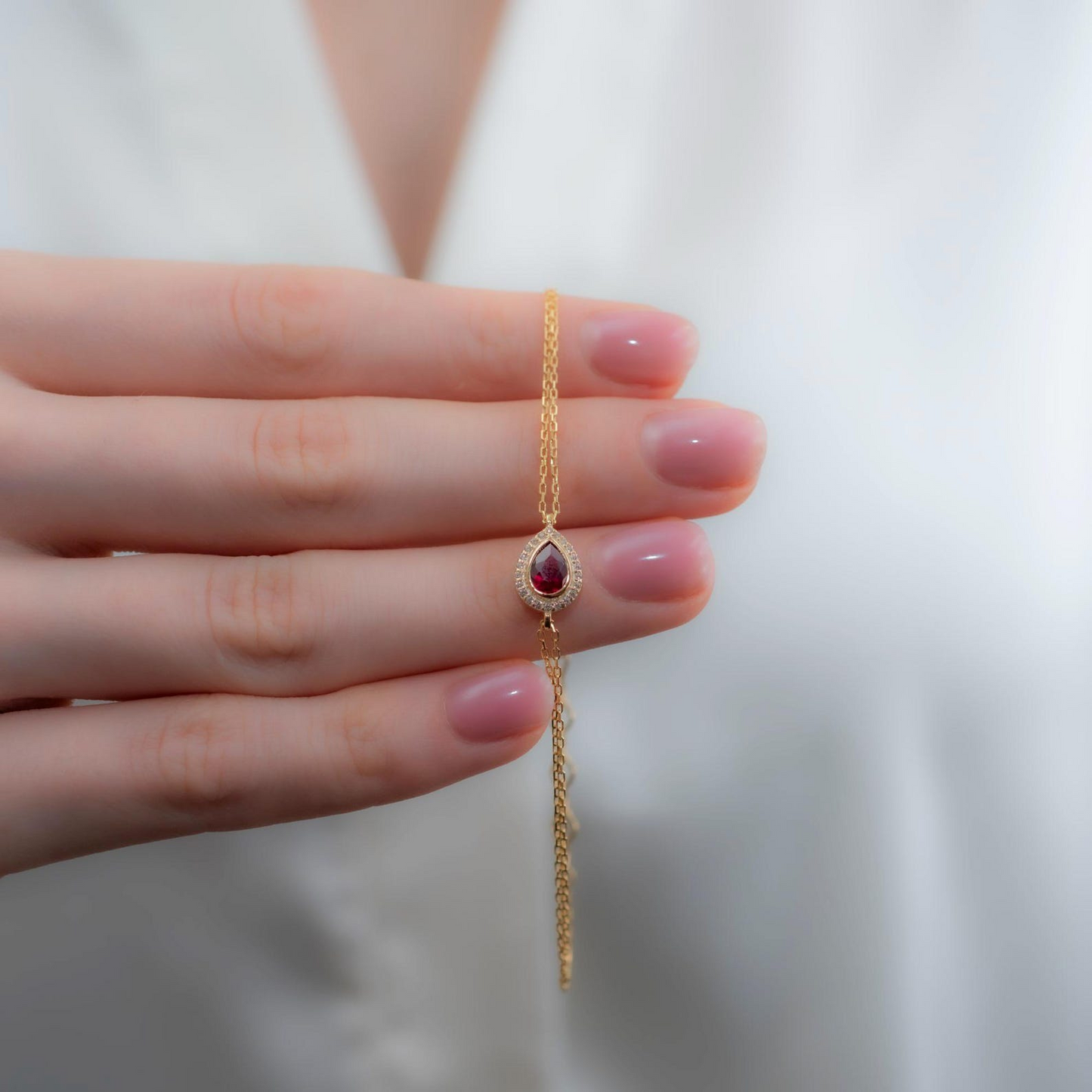 Ruby Bezel Drop Bracelet with Real Diamonds in 8K/10K/14K Solid Gold | July Birthstone Jewelry