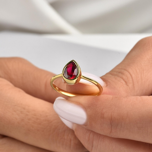 Ruby Drop Bezel Ring 8K/10K/14K Solid Gold, July Birthstone Jewelry