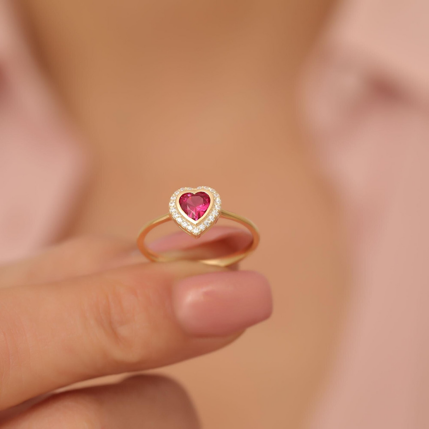 Ruby Bezel Heart Ring with Real Diamonds in 8K/10K/14K Solid Gold | July Birthstone Jewelry