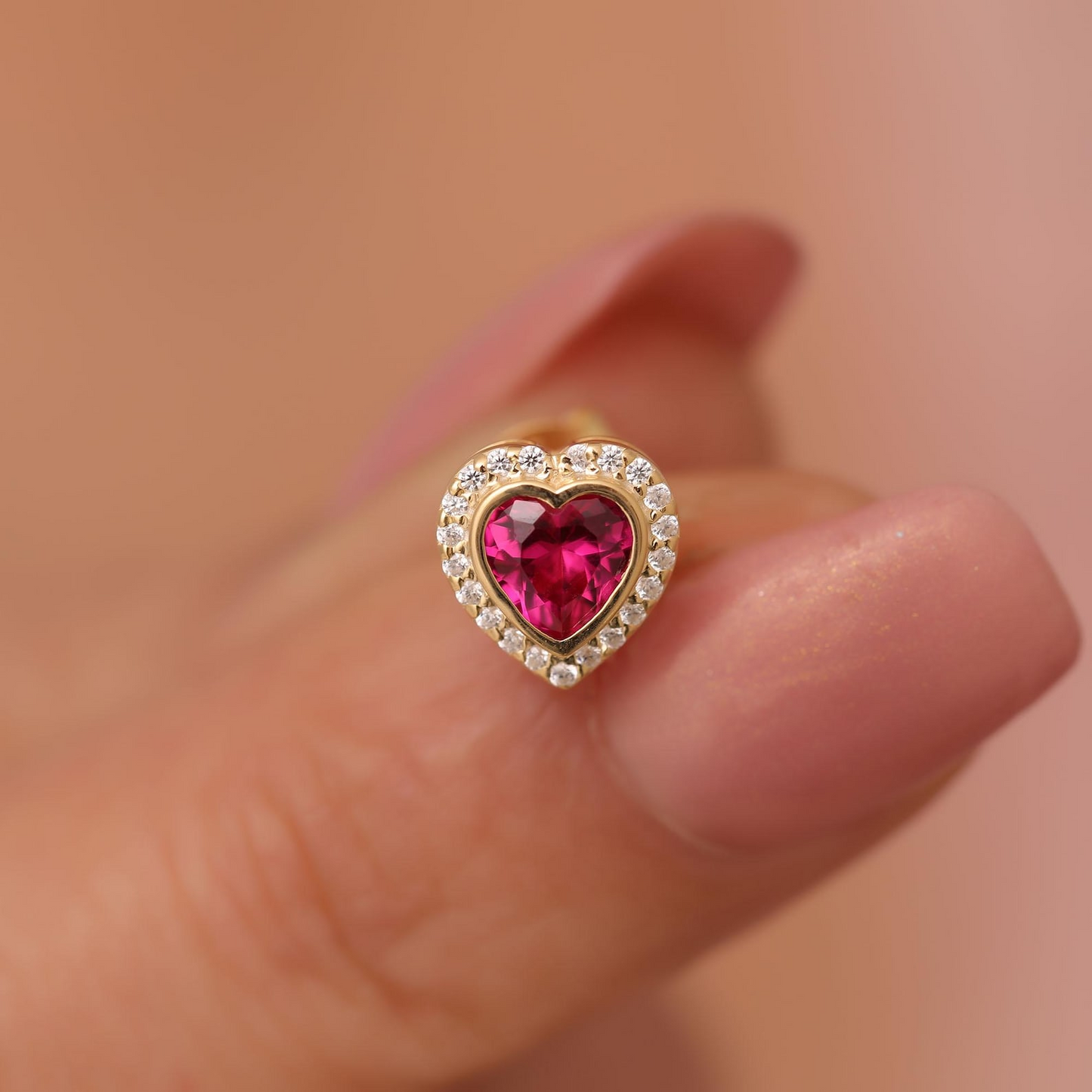 Ruby Bezel Heart Stud Earrings with Real Diamonds in 10K/14K Solid Gold | July Birthstone Jewelry