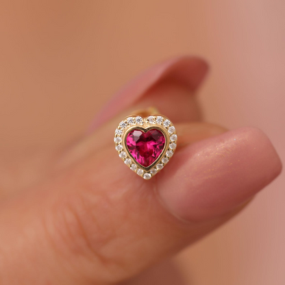 Ruby Bezel Heart Stud Earrings with Real Diamonds in 10K/14K Solid Gold | July Birthstone Jewelry