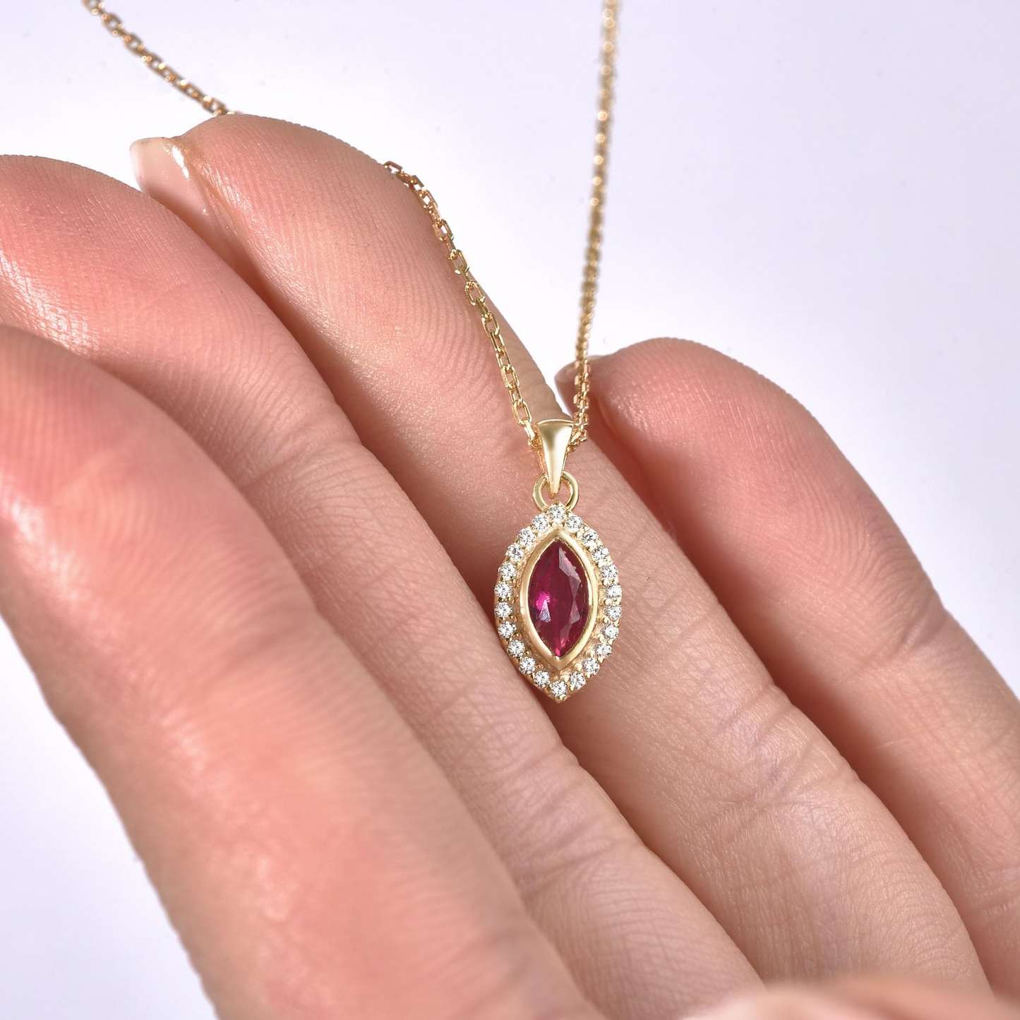 Ruby Bezel Marquise Necklace with Real Diamonds in 8K/10K/14K Solid Gold | July Birthstone Jewelry