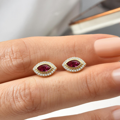 Ruby Bezel Marquise Stud Earrings with Real Diamonds in 8K/10K/14K Solid Gold | July Birthstone Jewelry