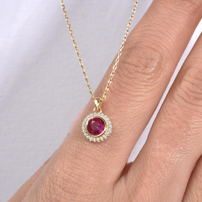 Ruby Round Bezel Necklace in 8K/10K/14K Solid Gold with Real Diamonds, July Birthstone Jewelry