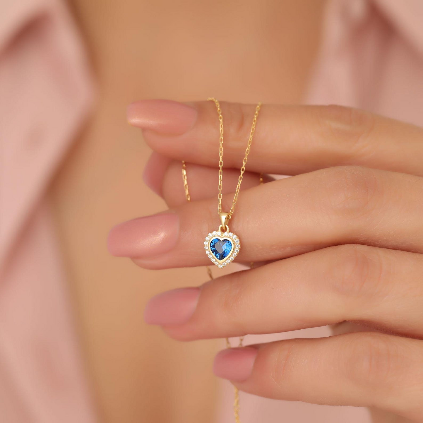 Sapphire Bezel Heart Necklace with Real Diamonds in 8K/10K/14K Solid Gold | September Birthstone Jewelry