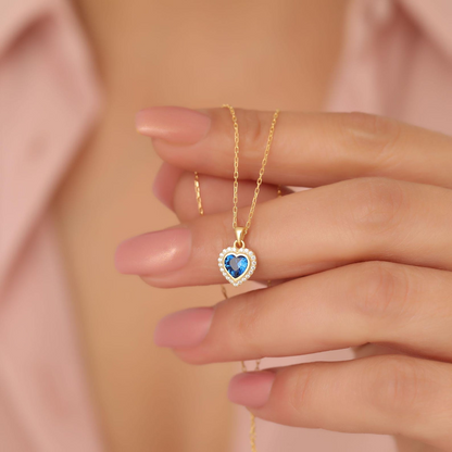 Sapphire Bezel Heart Necklace with Real Diamonds in 8K/10K/14K Solid Gold | September Birthstone Jewelry