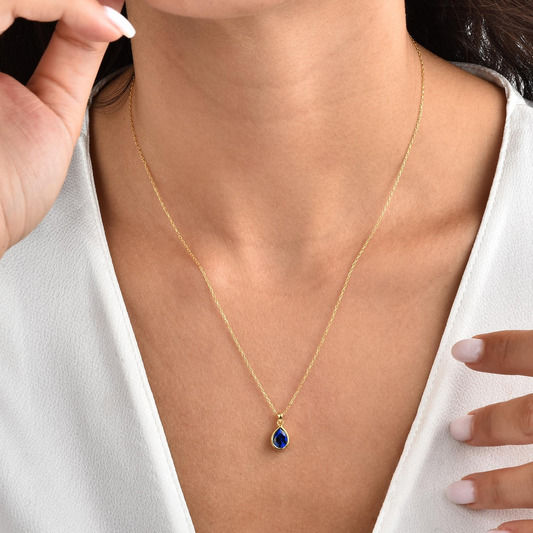 Sapphire Bezel Drop Necklace 10/14K Solid Gold, September Birthstone Jewelry