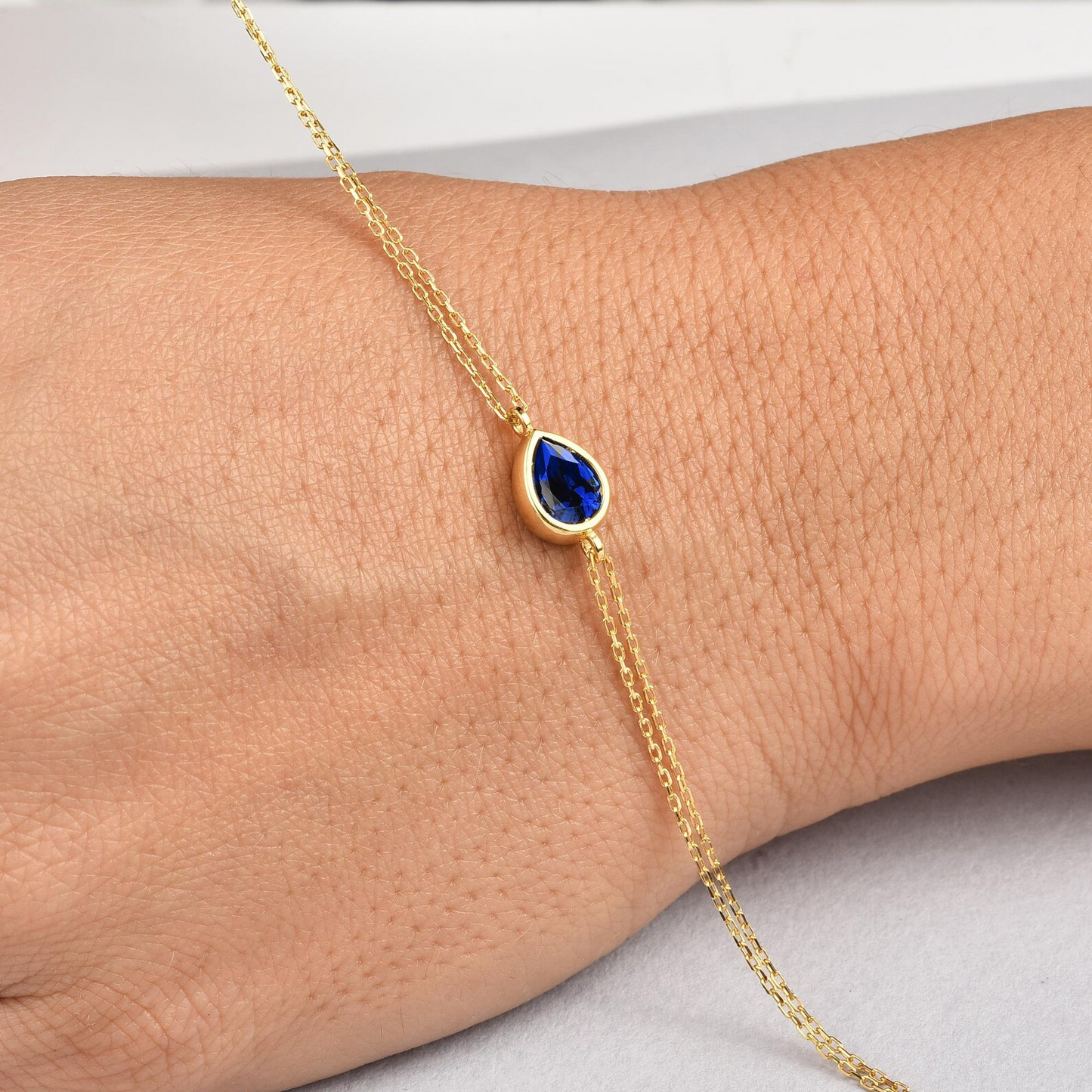 Sapphire Drop Bezel Bracelet in 10K/14K Solid Gold, September Birthstone Jewelry