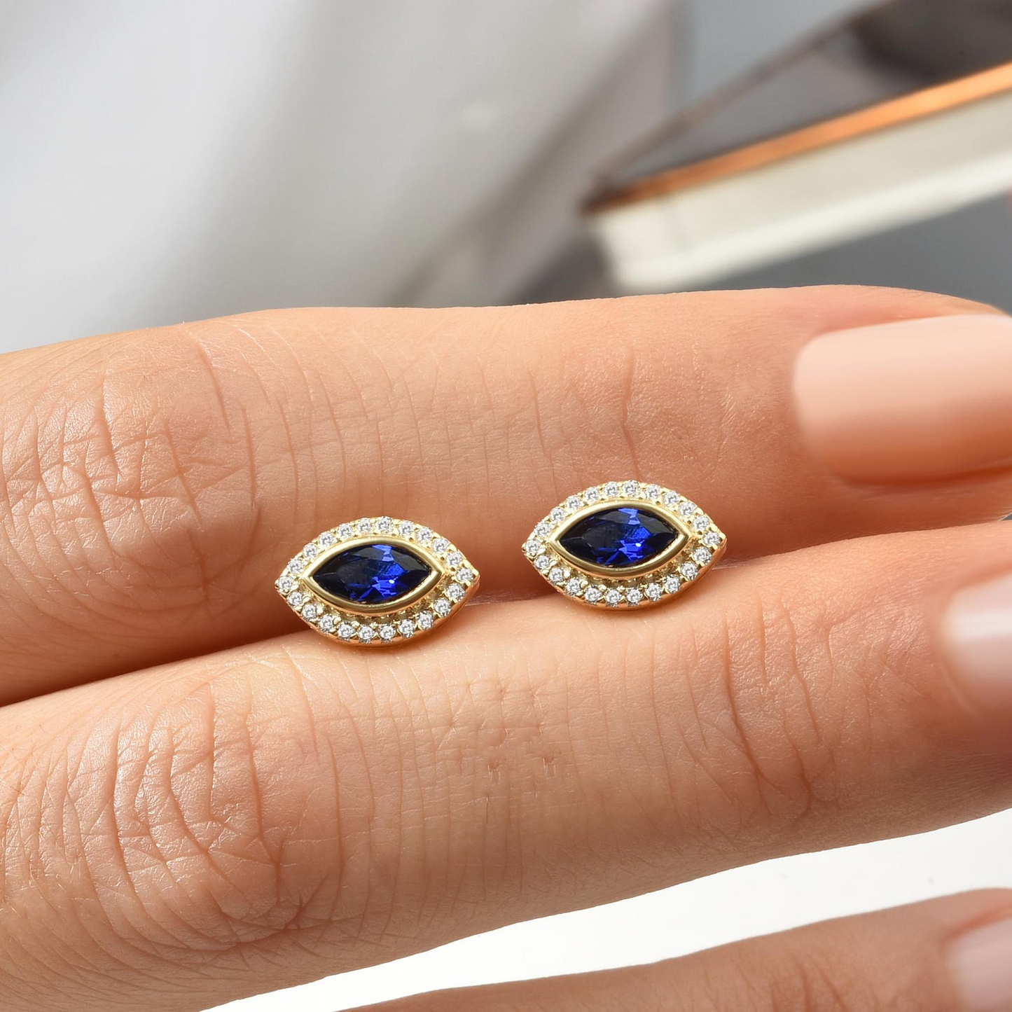 Sapphire Bezel Marquise Stud Earrings with Real Diamonds in 8K/10K/14K Solid Gold | September Birthstone Jewelry