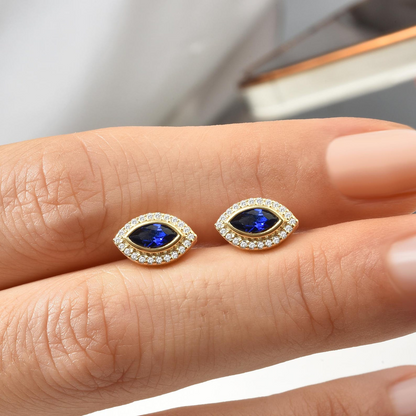 Sapphire Bezel Marquise Stud Earrings with Real Diamonds in 8K/10K/14K Solid Gold | September Birthstone Jewelry
