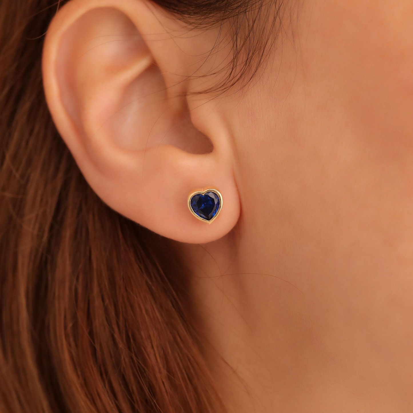 Sapphire Heart Cut Bezel Stud Earrings 10K/14K Solid Gold, September Birthstone Jewelry