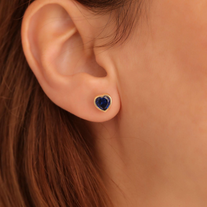 Sapphire Heart Cut Bezel Stud Earrings 10K/14K Solid Gold, September Birthstone Jewelry