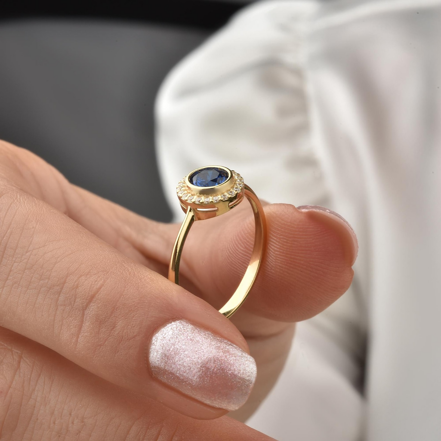 Sapphire Round Bezel Ring in 8K/10K/14K Solid Gold with Real Diamonds, September Birthstone Jewelry