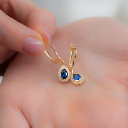 Sapphire Bezel Drop Dangle Earrings with Real Diamonds in 8K/10K/14K Solid Gold | September Birthstone Jewelry