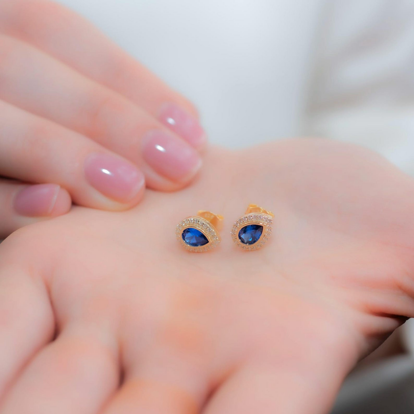 Sapphire Bezel Drop Stud Earrings with Real Diamonds in 8K/10K/14K Solid Gold | September Birthstone Jewelry