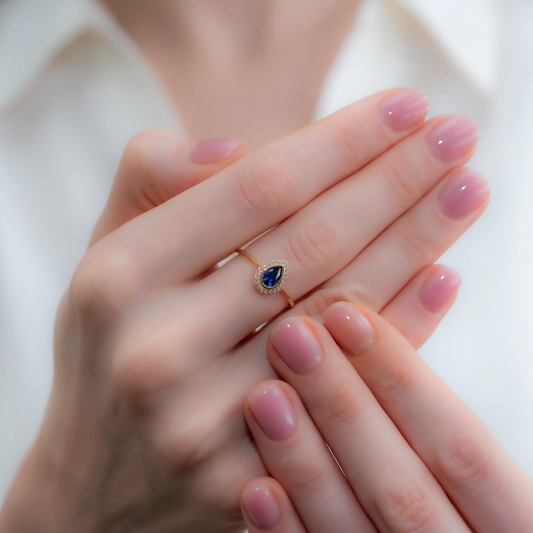 Sapphire Bezel Drop Ring with Real Diamonds in 8K/10K/14K Solid Gold | September Birthstone Jewelry