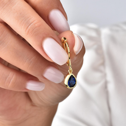 Sapphire Bezel Dangle Drop Earrings in 8K/10K/14K Solid Gold, September Birthstone Jewelry