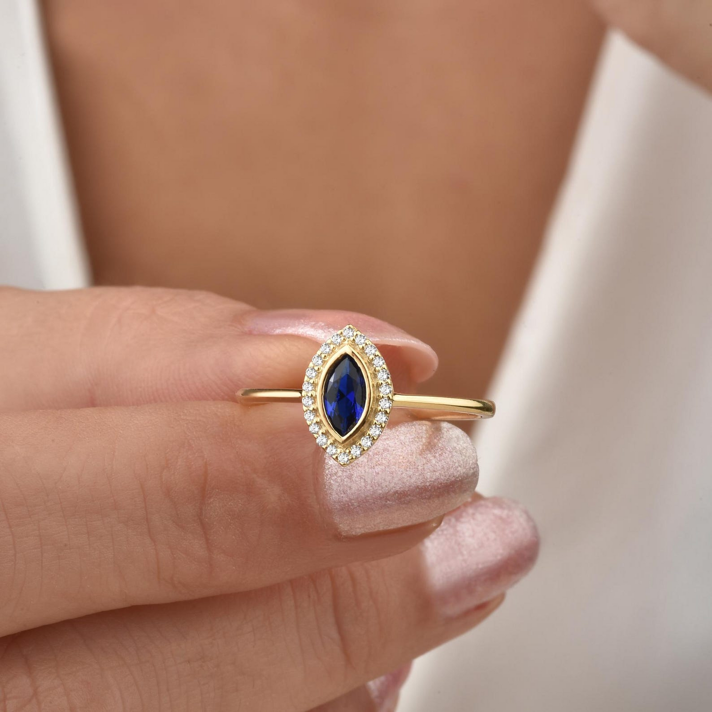 Sapphire Bezel Marquise Ring with Real Diamonds in 8K/10K/14K Solid Gold | September Birthstone Jewelry