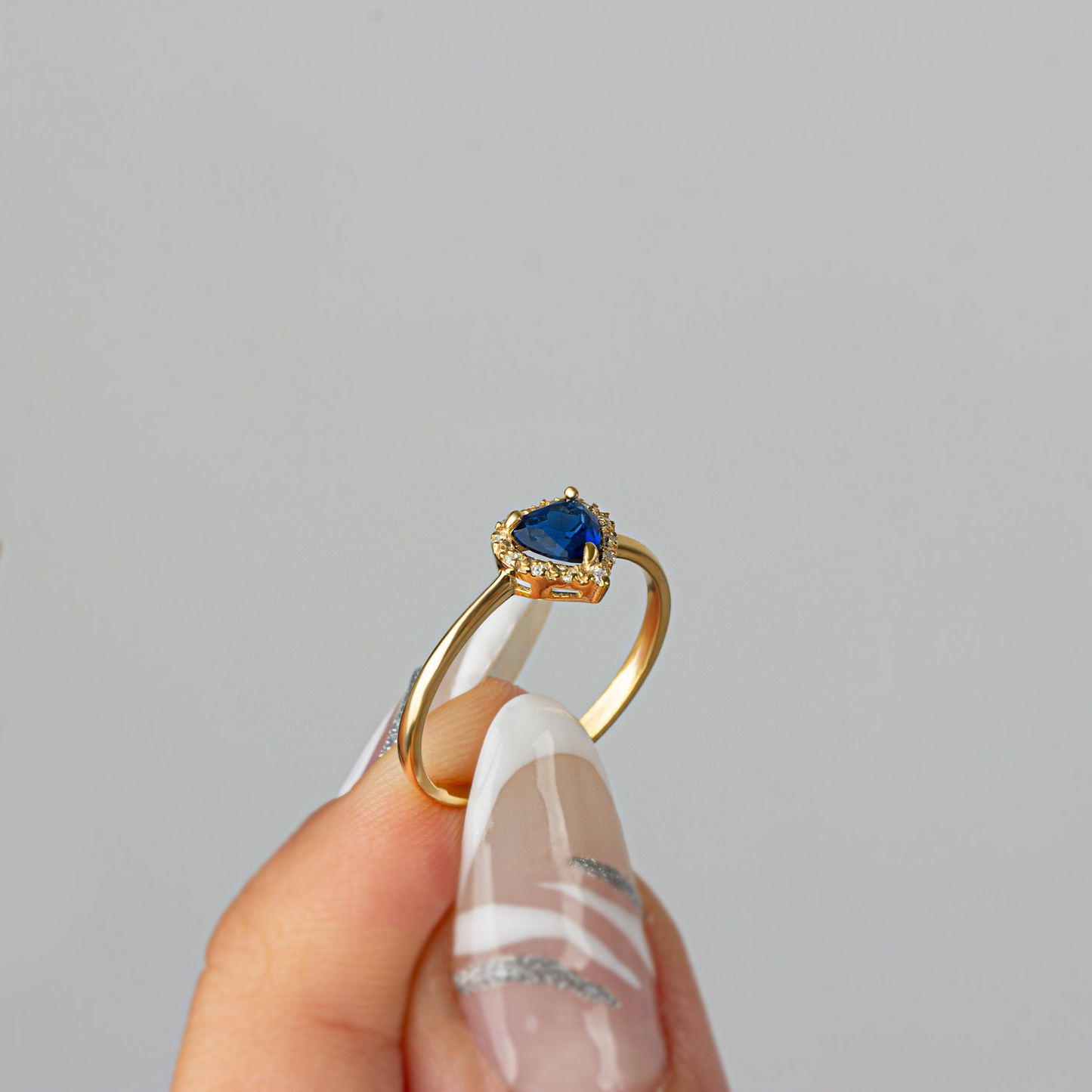 Sapphire Bezel Heart Ring with Real Diamonds Halo in 8K/10K/14K Solid Gold | September Birthstone Jewelry