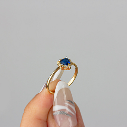 Sapphire Bezel Heart Ring with Real Diamonds Halo in 8K/10K/14K Solid Gold | September Birthstone Jewelry