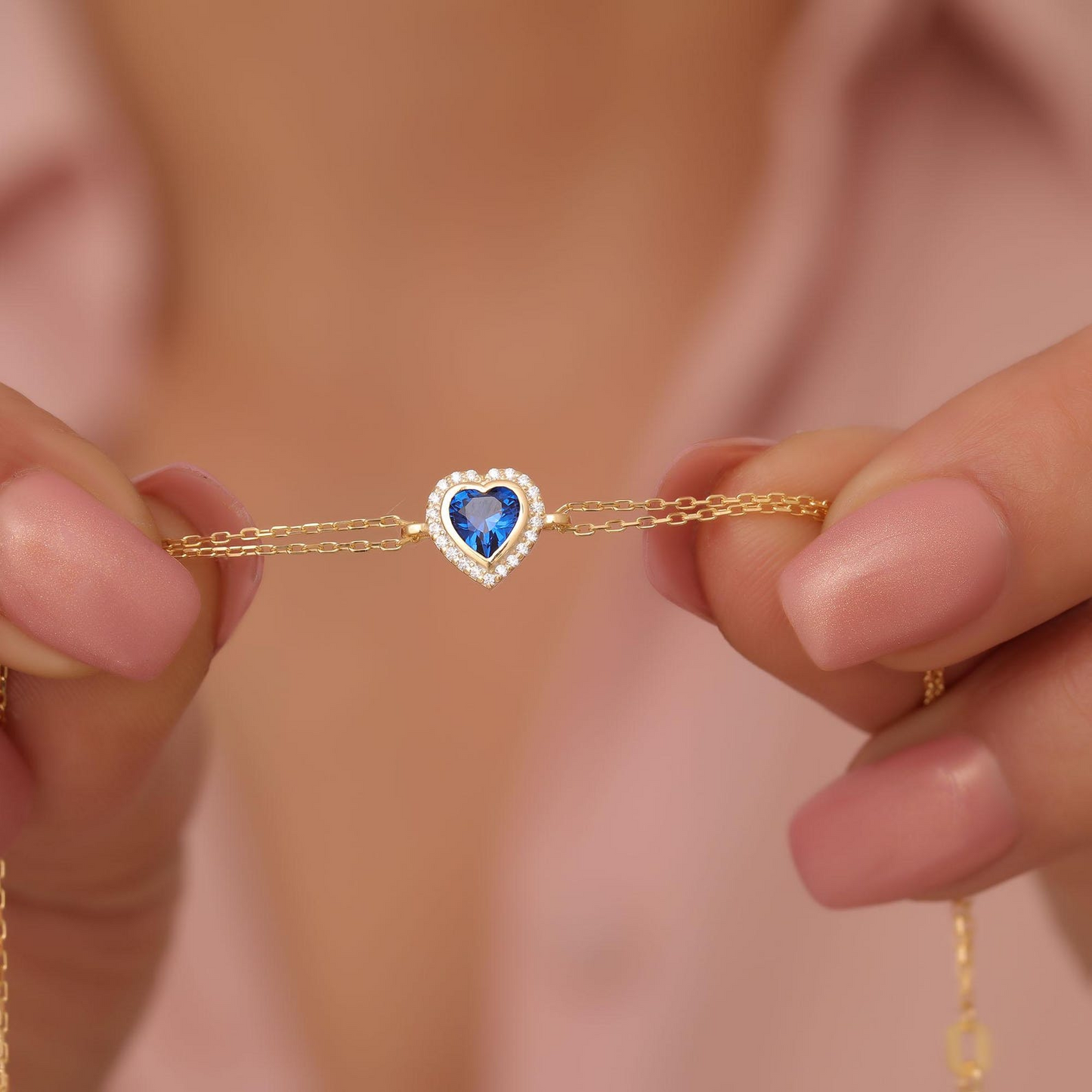 Sapphire Bezel Heart Bracelet with Real Diamonds in 8K/10K/14K Solid Gold | September Birthstone Jewelry