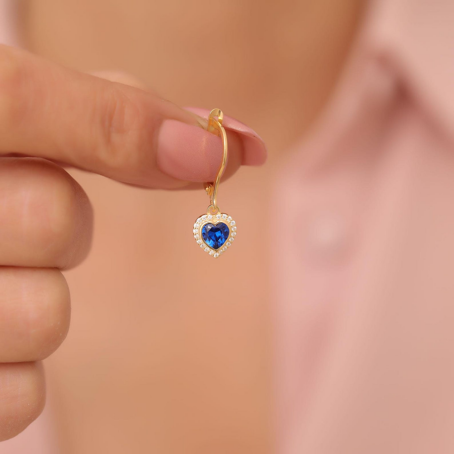 Sapphire Bezel Heart Dangle Earrings with Real Diamonds in 8K/10K/14K Solid Gold | September Birthstone Jewelry