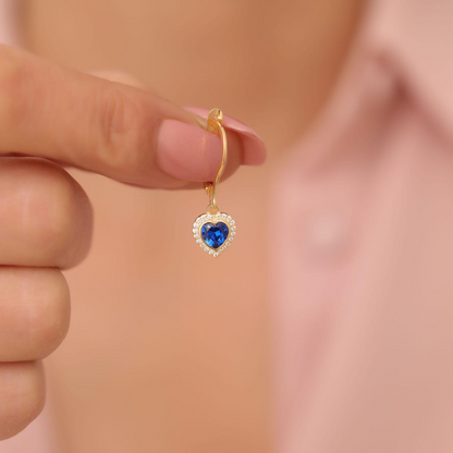 Sapphire Bezel Heart Dangle Earrings with Real Diamonds in 8K/10K/14K Solid Gold | September Birthstone Jewelry