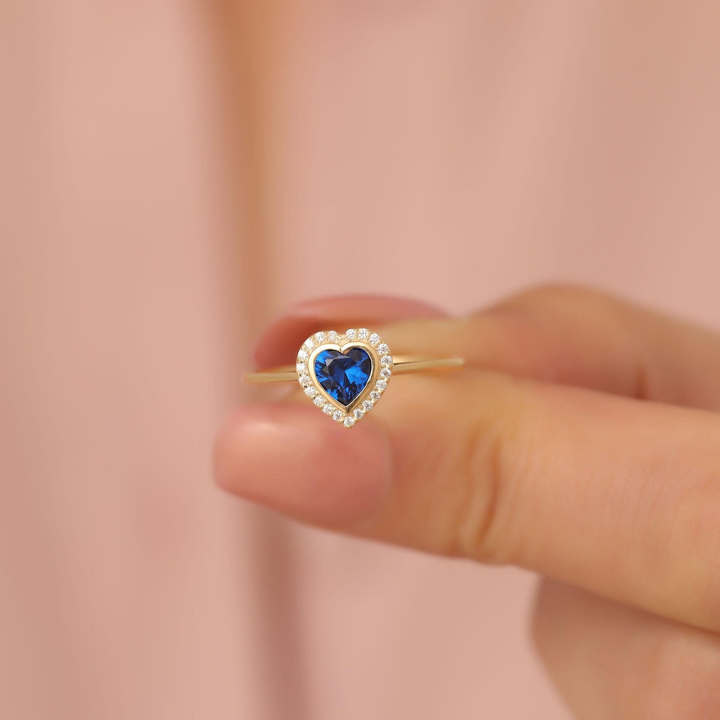 Sapphire Bezel Heart Ring with Real Diamonds in 8K/10K/14K Solid Gold | September Birthstone Jewelry