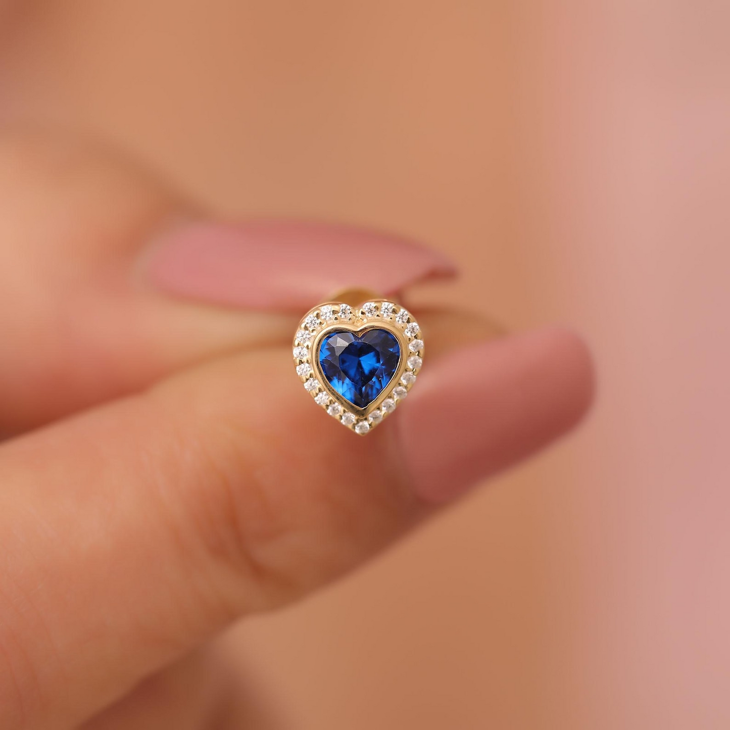 Sapphire Bezel Heart Stud Earrings with Real Diamonds in 10K/14K Solid Gold | September Birthstone Jewelry
