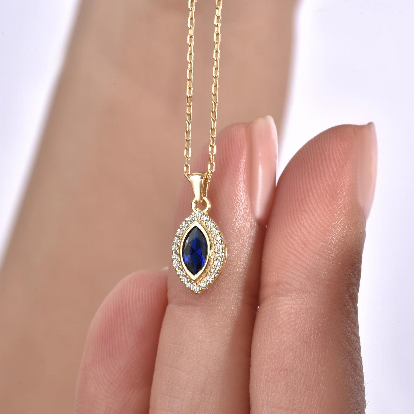 Sapphire Bezel Marquise Necklace with Real Diamonds in 8K/10K/14K Solid Gold | September Birthstone Jewelry