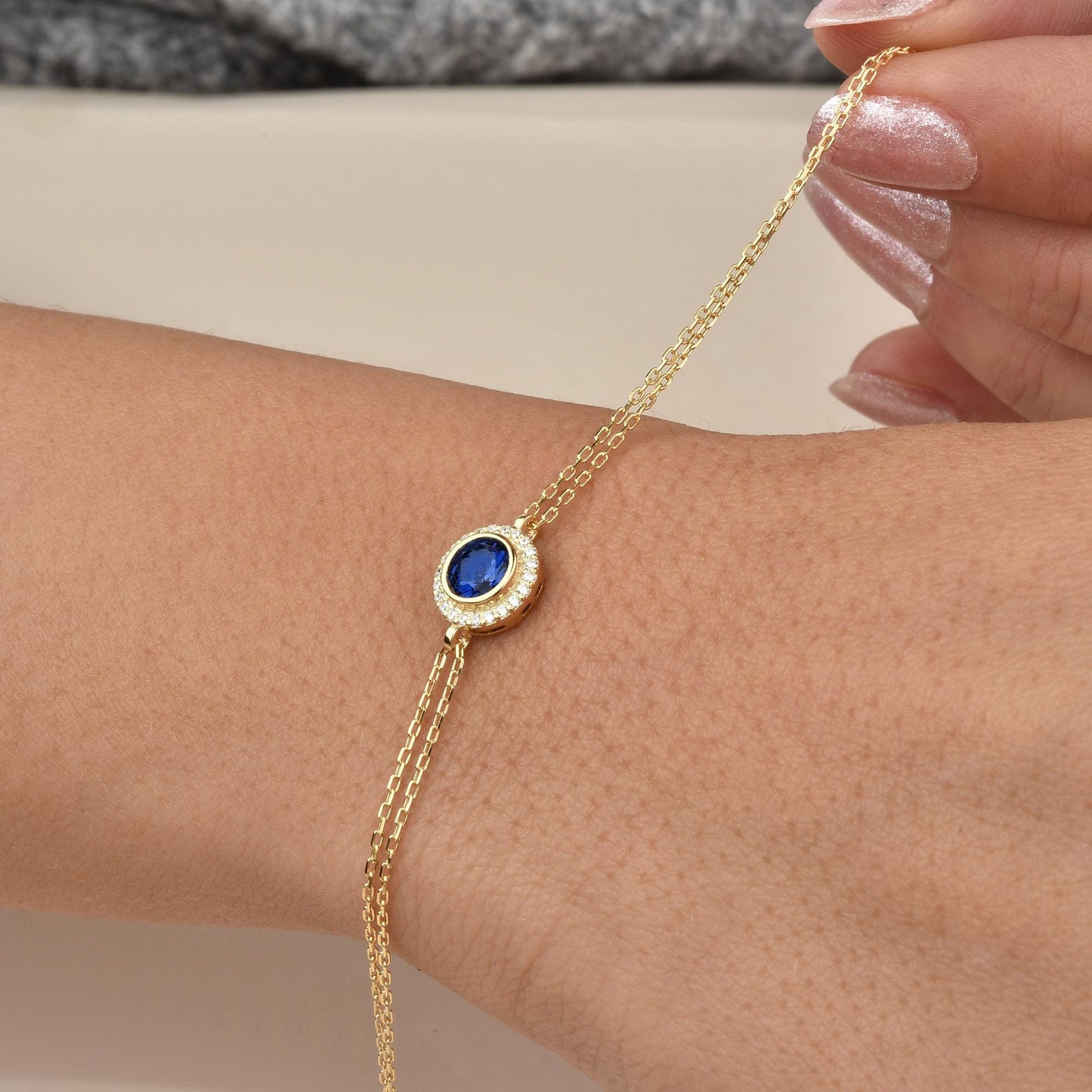 Sapphire Round Bezel Bracelet in 8K/10K/14K Solid Gold with Real Diamonds, September Birthstone Jewelry